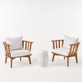 Palmo Outdoor Acacia Wood 2 Seater Club Chairs and Side Table Set, Teak and White