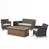 St. Lucia Outdoor 4 Seater Wicker Chat Set with Fire Pit, Brown and Tan and Black Noble House