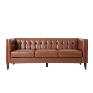 Pondway Contemporary Faux Leather Tufted 3 Seater Sofa, Cognac Brown and Brown Noble House