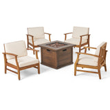 Havana Outdoor 4 Seater Teak Finished Acacia Wood Club Chairs with Cream Water Resistant Cushions and Brown Fire Pit