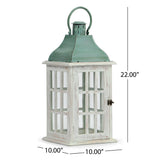 Hooven Coastal Handcrafted Small Mango Wood Decorative Lantern, White and Green Patina Noble House