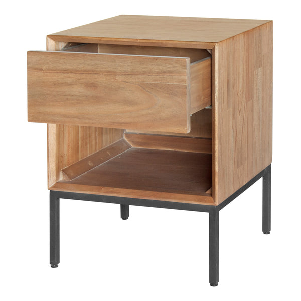 Hathaway 1-Drawer Night Stand - Rustic Modern Design in Solid Mindi Wood with Steel Legs, Fully Assembled