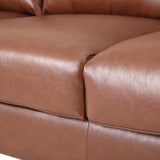 Brockbank Modern Faux Leather 3 Seater Sofa with Pillows, Cognac Brown and Silver Noble House