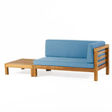 Oana Outdoor Acacia Wood Right Arm Loveseat and Coffee Table Set with Cushion, Teak and Blue Noble House