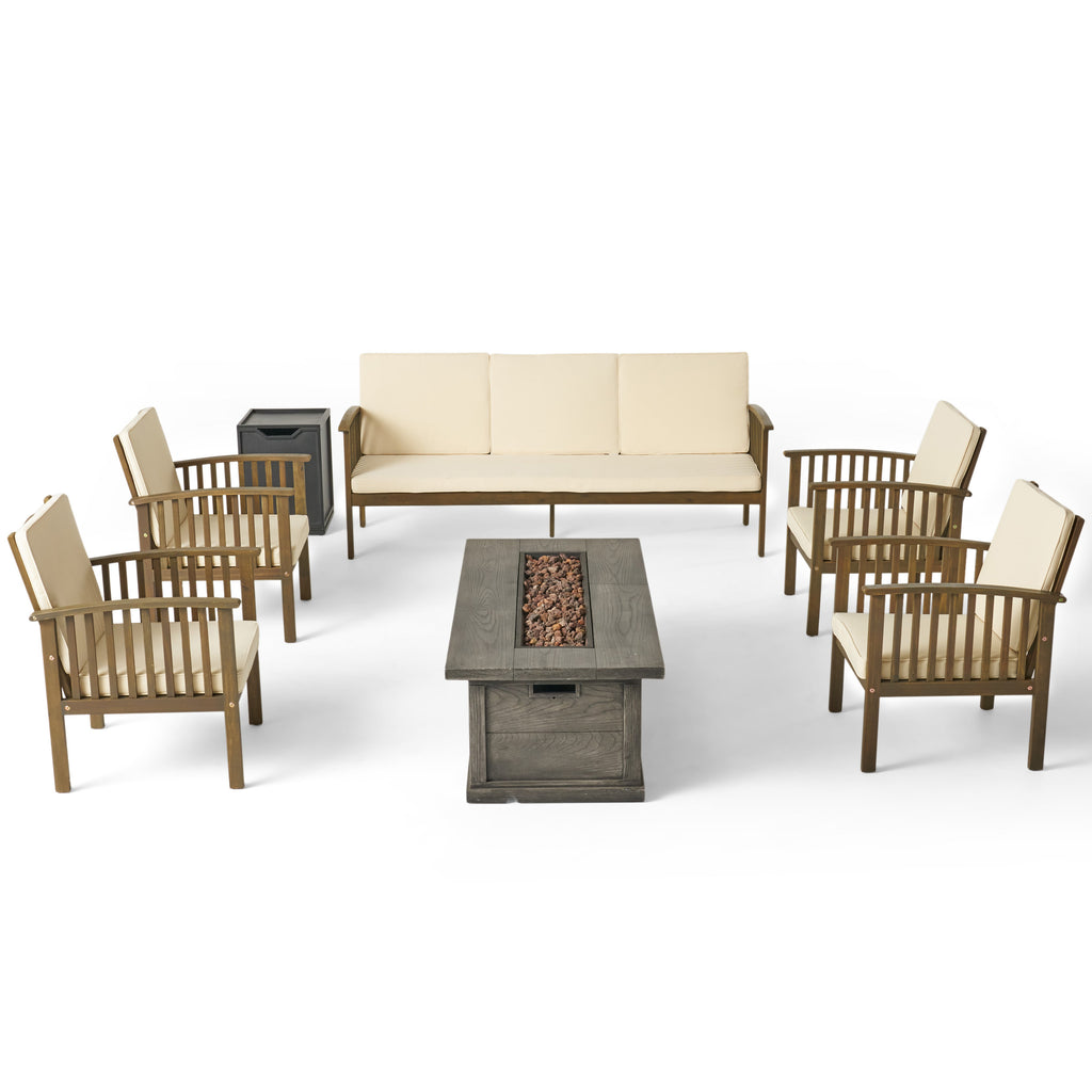 Carolina Outdoor 7 Piece Acacia Wood Chat Set with Fire Pit, Gray and Gray Noble House