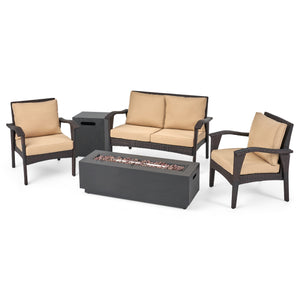 Kahala Outdoor 4 Seater Wicker Chat Set with Fire Pit, Brown and Tan Noble House