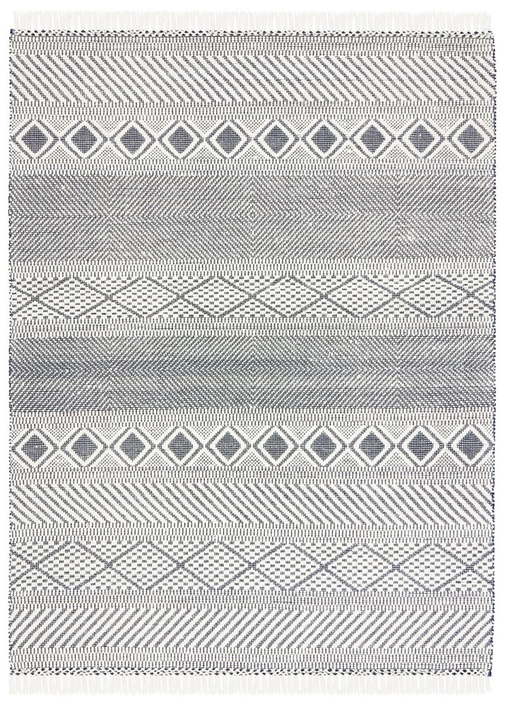 Natura 856 Bohemian Hand Woven 100% Wool Pile Rug Ivory / Navy