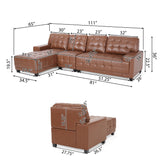 Harlar Contemporary Faux Leather Tufted 4 Seater Sectional Sofa and Chaise Lounge Set, Cognac Brown and Dark Brown Noble House