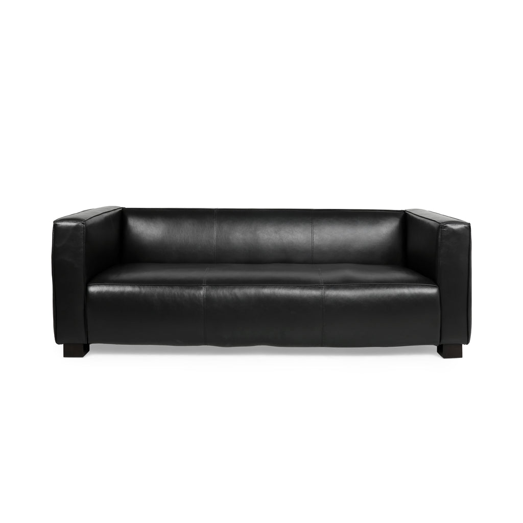 Noble House Goyette Contemporary Faux Leather 3 Seater Sofa, Midnight Black and Dark Walnut