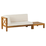 Brava Outdoor Acacia Wood Left Arm Loveseat and Coffee Table Set with Cushion, Teak and Beige Noble House