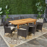 Noble House Nadia Outdoor 9 Piece Wood and Wicker Expandable Dining Set, Natural and Multi Brown and Beige