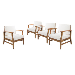 Perla Outdoor Teak Finished Acacia Wood Club Chairs with Cream Water Resistant Cushions (Set of 4)