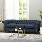 Noble House Parksley Tufted Chesterfield Fabric 3 Seater Sofa, Navy Blue and Dark Brown