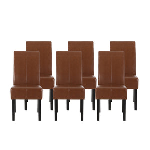 Pertica Contemporary Upholstered T-Stitch Dining Chairs (Set of 6), Cognac Brown Faux Leather and Espresso Noble House