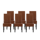 Pertica Contemporary Upholstered T-Stitch Dining Chairs (Set of 6), Cognac Brown Faux Leather and Espresso