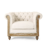 Voll Chesterfield Tufted Fabric Club Chair with Nailhead Trim, Beige and Dark Brown Noble House