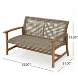 Hampton Outdoor 4 Piece Grey Wicker Chat Set with Natural Stained Acacia Wood Frame Noble House