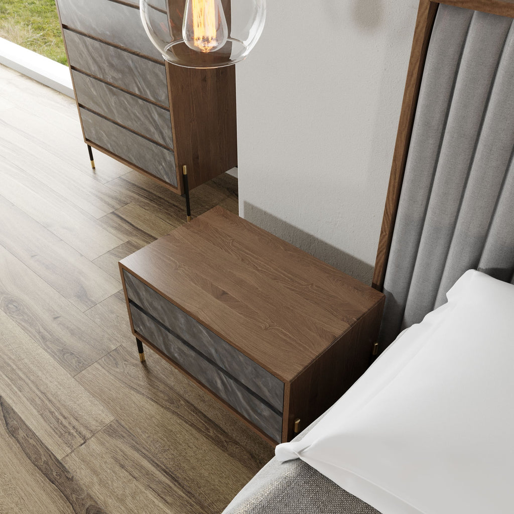 VIG Furniture Nova Domus Metcalf - Mid-Century Walnut & Grey Bed w/ Two Nightstands VGMABR-120-BRN-BED
