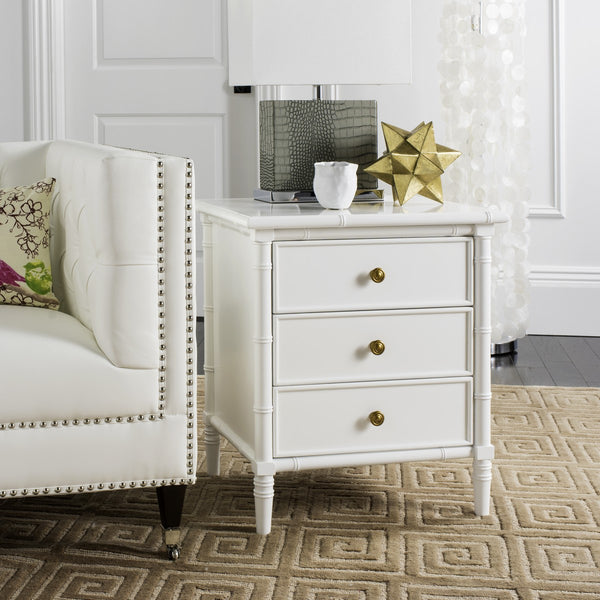 Safavieh Mina Nightstand 25"H Bamboo Modern Coastal 3 Drawer White Wood NC Coating MDF ZiNC Alloy NST3500B 889048339514