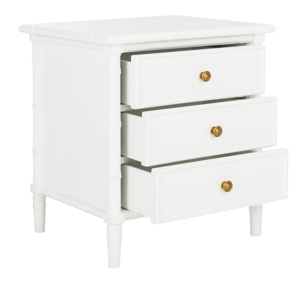Safavieh Mina Nightstand 25"H Bamboo Modern Coastal 3 Drawer White Wood NC Coating MDF ZiNC Alloy NST3500B 889048339514