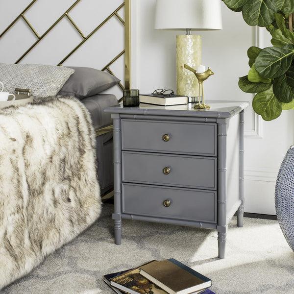 Safavieh Mina Nightstand 25"H Bamboo Modern Coastal 3 Drawer Grey Wood NC Coating MDF ZiNC Alloy NST3500C 889048339521