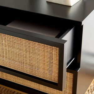Zadie Modern Coastal Chic 2 Drawer Nightstand with Rattan Details for Stylish Bedroom Storage