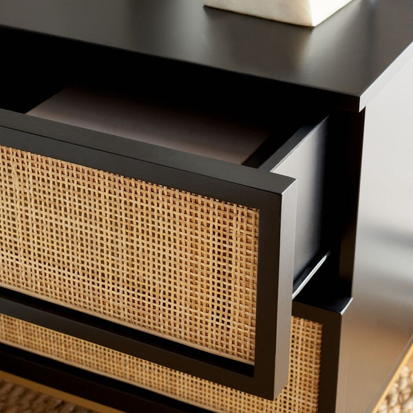 Zadie Modern Coastal Chic 2 Drawer Nightstand with Rattan Details for Stylish Bedroom Storage