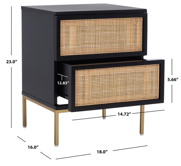 Zadie Modern Coastal Chic 2 Drawer Nightstand with Rattan Details for Stylish Bedroom Storage