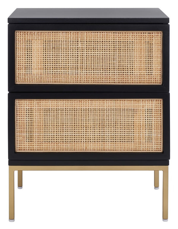 Zadie Modern Coastal Chic 2 Drawer Nightstand with Rattan Details for Stylish Bedroom Storage