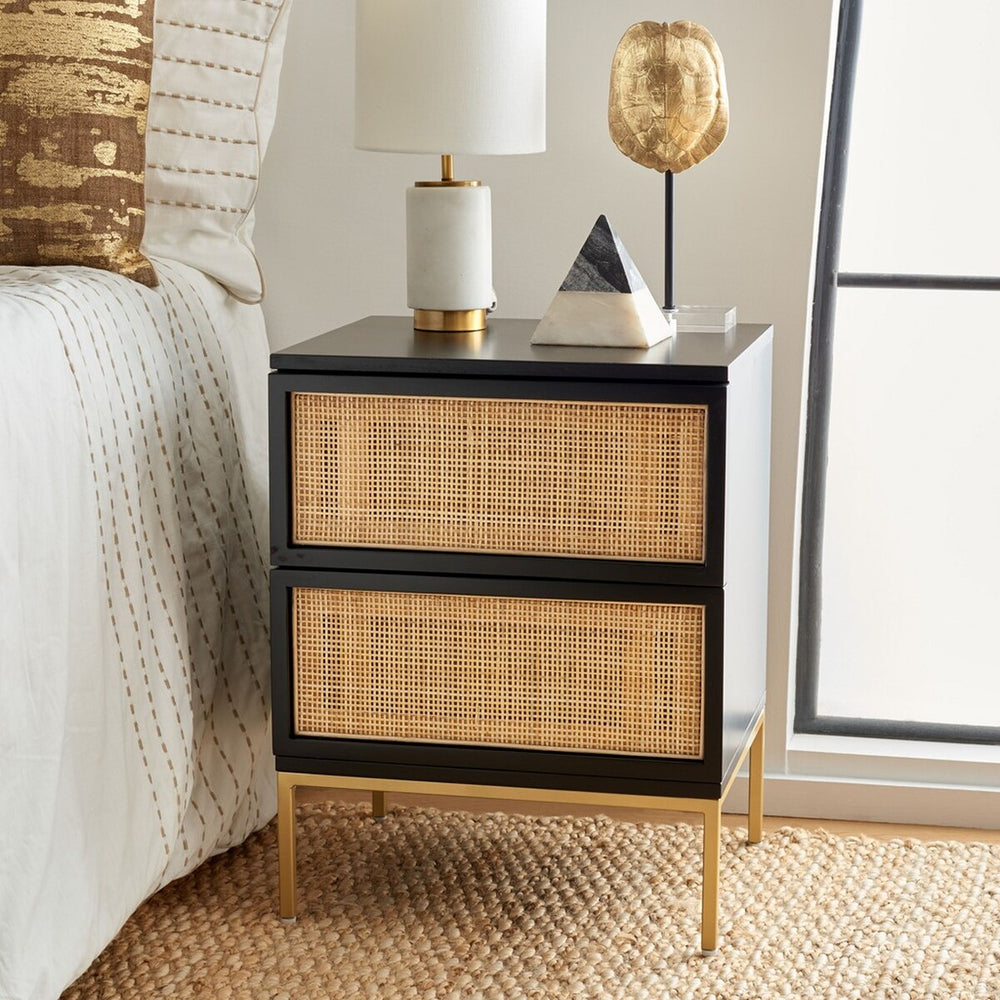 Zadie Modern Coastal Chic 2 Drawer Nightstand with Rattan Details for Stylish Bedroom Storage