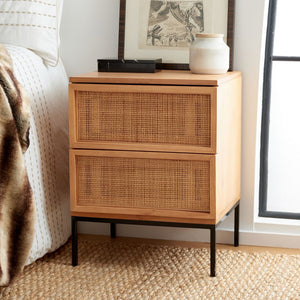 Zadie Modern Coastal Chic 2 Drawer Nightstand with Rattan Details for Stylish Bedroom Storage