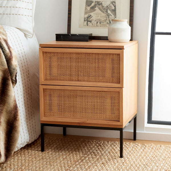 Zadie Modern Coastal Chic 2 Drawer Nightstand with Rattan Details for Stylish Bedroom Storage