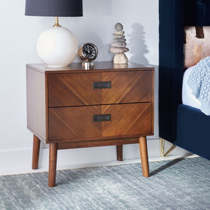 Donald Nightstand with Herringbone Design - Elegant Dark Walnut Finish & 2 Drawer Storage Solution