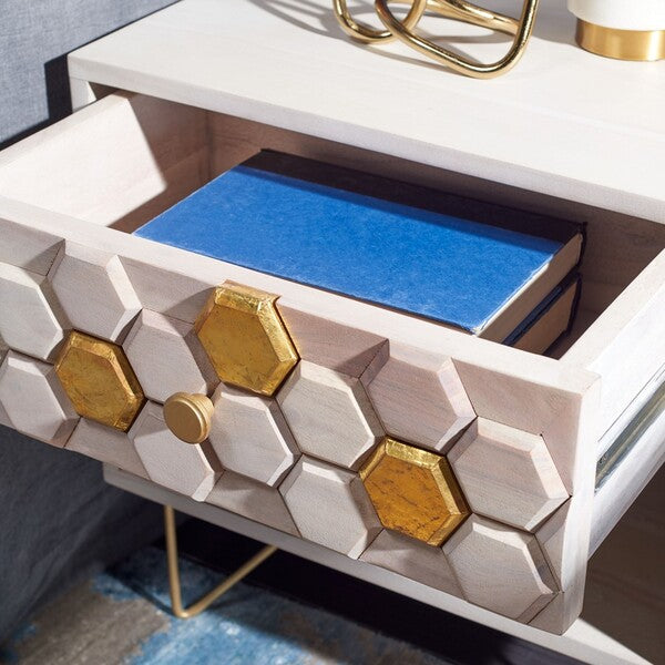 Raveena Nightstand in White Wash - Contemporary Storage Solution with Honeycomb Design & Brass Accents
