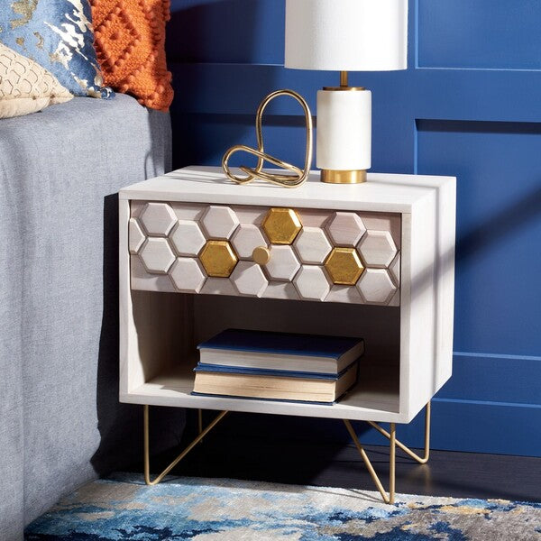 Raveena Nightstand in White Wash - Contemporary Storage Solution with Honeycomb Design & Brass Accents