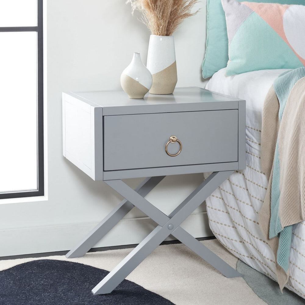 Odilia Stylish 1 Drawer Nightstand in Grey - Elegant Acacia Wood Frame with Gold Pull for Chic Bedrooms