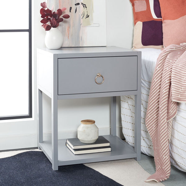 Yudi Nightstand with Chic Grey Finish, Gold Pull Drawer, and Stylish Bottom Shelf for Storage