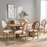 Noble House Derring French Country Fabric Upholstered Wood 7 Piece Dining Set, Gray Stripe and White Print and Natural