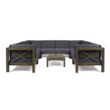 Brava Outdoor Acacia Wood 8 Seater U-Shaped Sectional Sofa Set with Coffee Table, Gray and Dark Gray Noble House