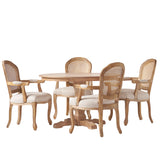 Noble House Merlene French Country Upholstered Wood and Cane 5 Piece Circular Dining Set, Natural and Beige