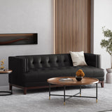 Raintree Mid Century Modern Faux Leather Tufted 3 Seater Sofa, Midnight Black and Espresso Noble House