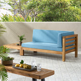 Oana Outdoor Acacia Wood Right Arm Loveseat and Coffee Table Set with Cushion, Teak and Blue Noble House