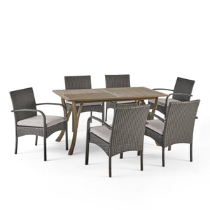 San Andres Outdoor 7 Piece Wood and Wicker Dining Set, Gray and Gray Noble House