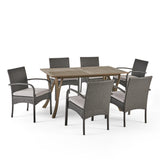 San Andres Outdoor 7 Piece Wood and Wicker Dining Set, Gray and Gray