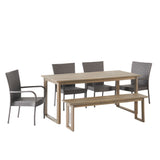 Noble House Nibley Outdoor Acacia Wood and Wicker 6 Piece Dining Set with Bench, Gray