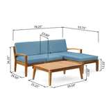 Grenada Outdoor Mid-Century Modern 3 Seater Acacia Wood Sectional Sofa with Coffee Table and Ottoman, Teak and Blue Noble House
