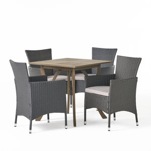 Danby Outdoor 5 Piece Wood and Wicker Square Dining Set, Gray and Gray Noble House