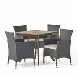 Danby Outdoor 5 Piece Wood and Wicker Square Dining Set, Gray and Gray Noble House