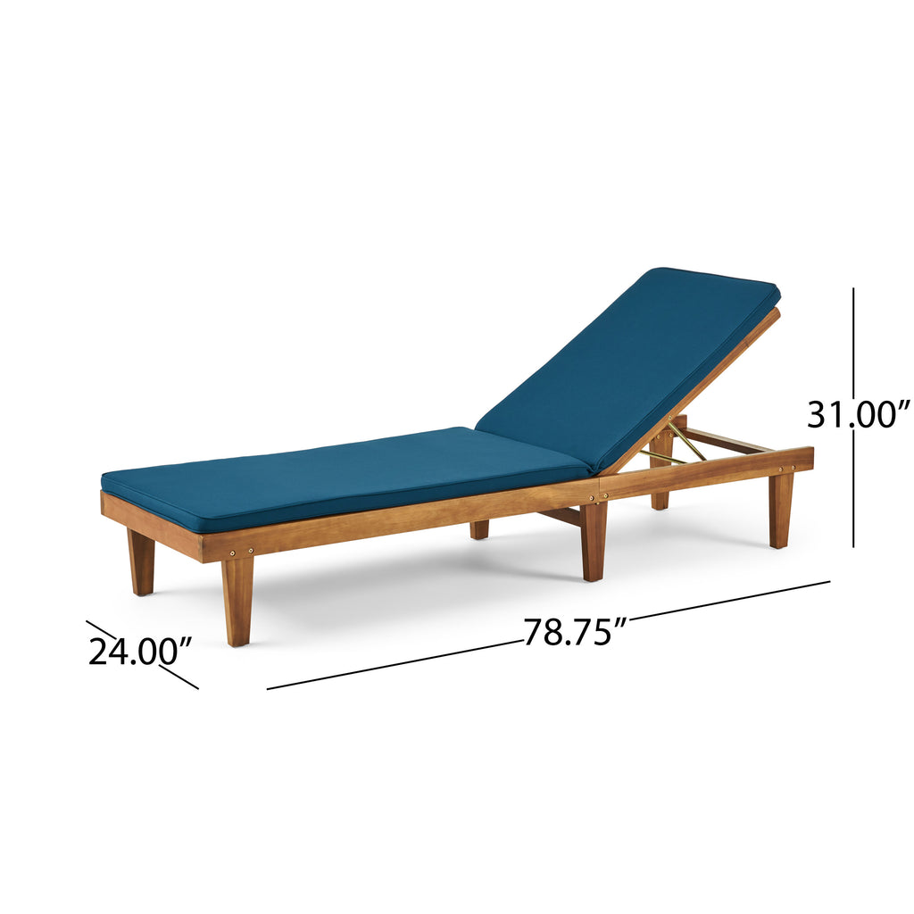 Nadine Outdoor Acacia Wood Chaise Lounge and Cushion Set, Teak and Blue Noble House
