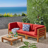 Noble House Oana Outdoor Modular Acacia Wood Sofa and Table Set with Cushions, Teak and Red